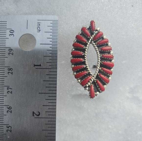 Navajo red coral cluster ring size 10 sterling silver - Picture 1 of 8
